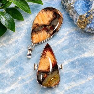 Artisan Red Jasper Natural Stone Ring and Pendant Set Silver Plated Teardrop